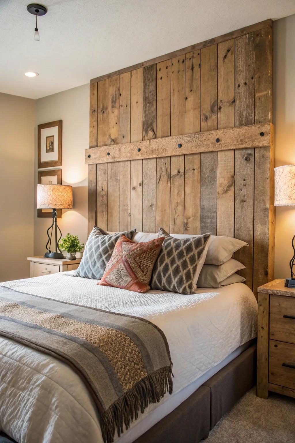 Reclaimed wood creates a charming and sustainable headboard.