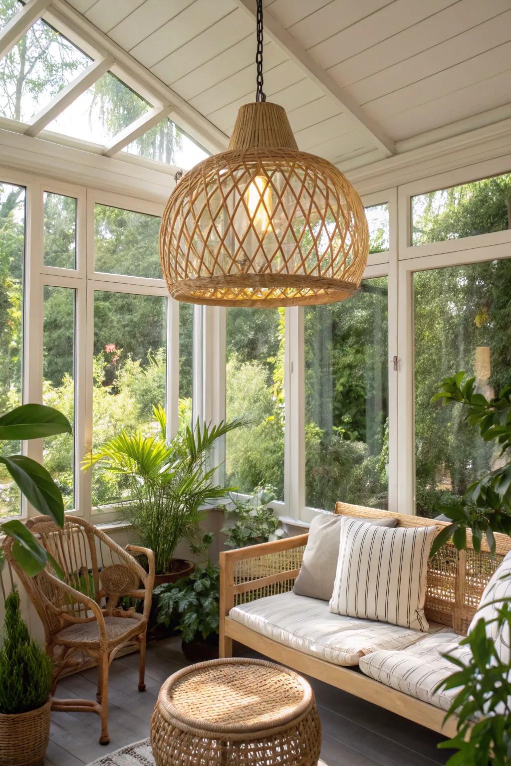 A woven bamboo light fixture lends an airy, tropical feel to this sunroom.