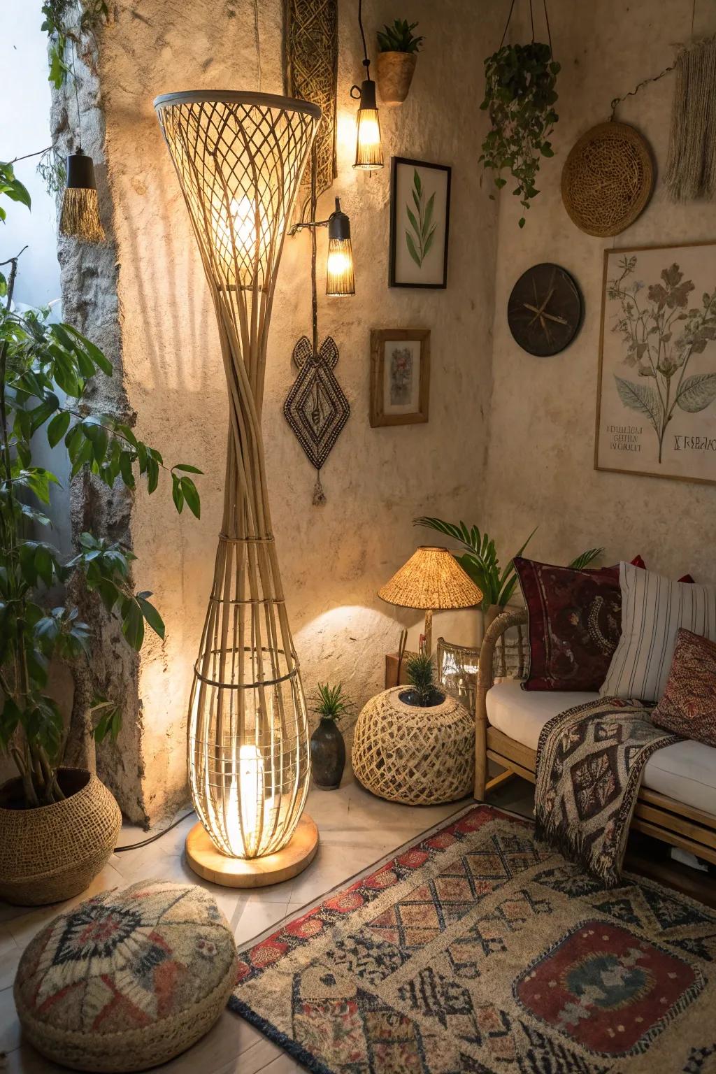 An elegant woven floor lamp situated in the corner of a boho-themed space.