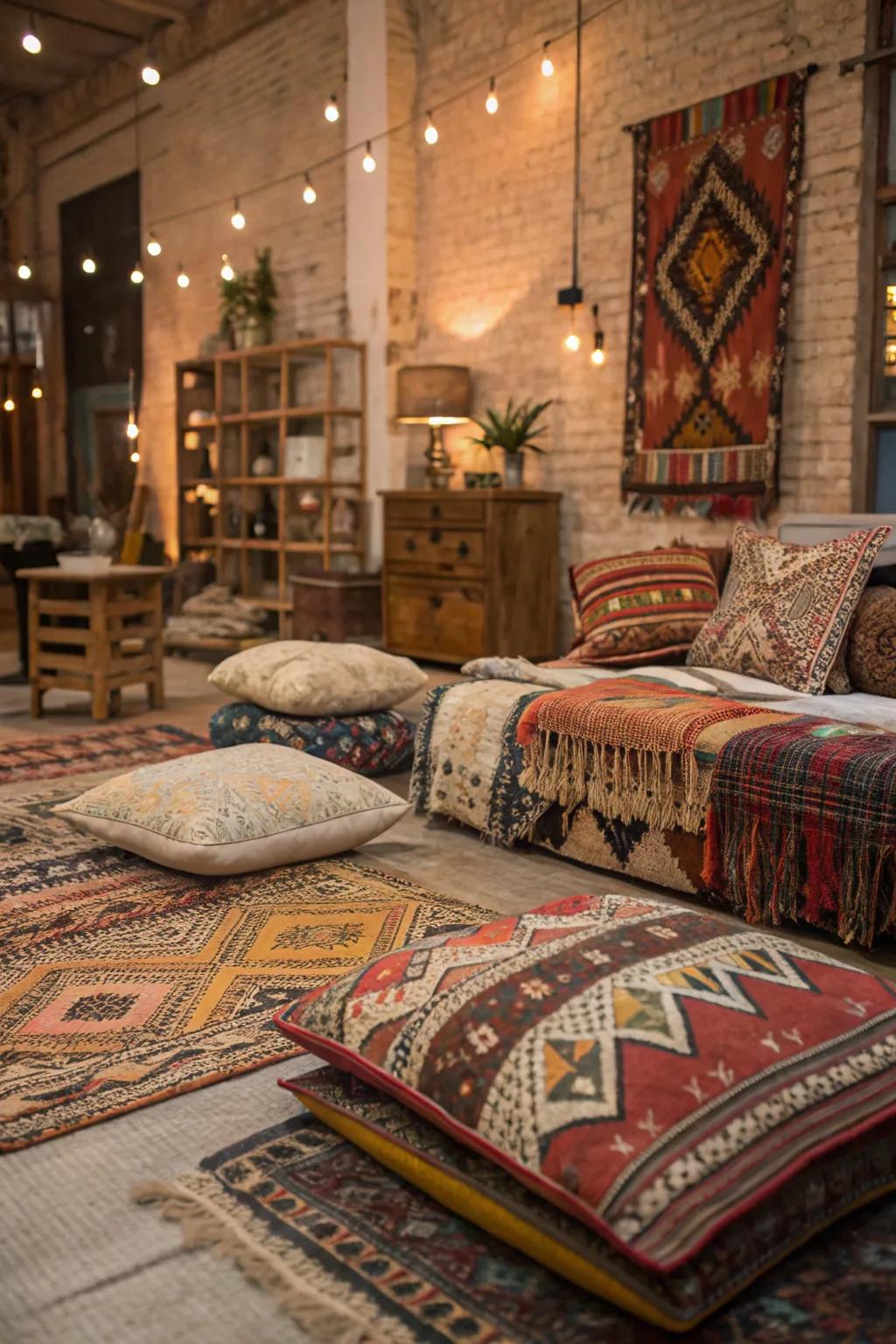 Varied textiles contribute warmth and elegance to your boho loft.