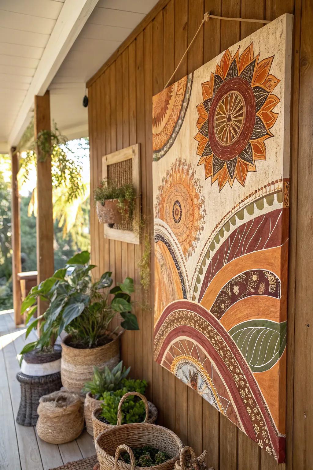 A boho painting employing earthy shades to stimulate warmth and coziness.