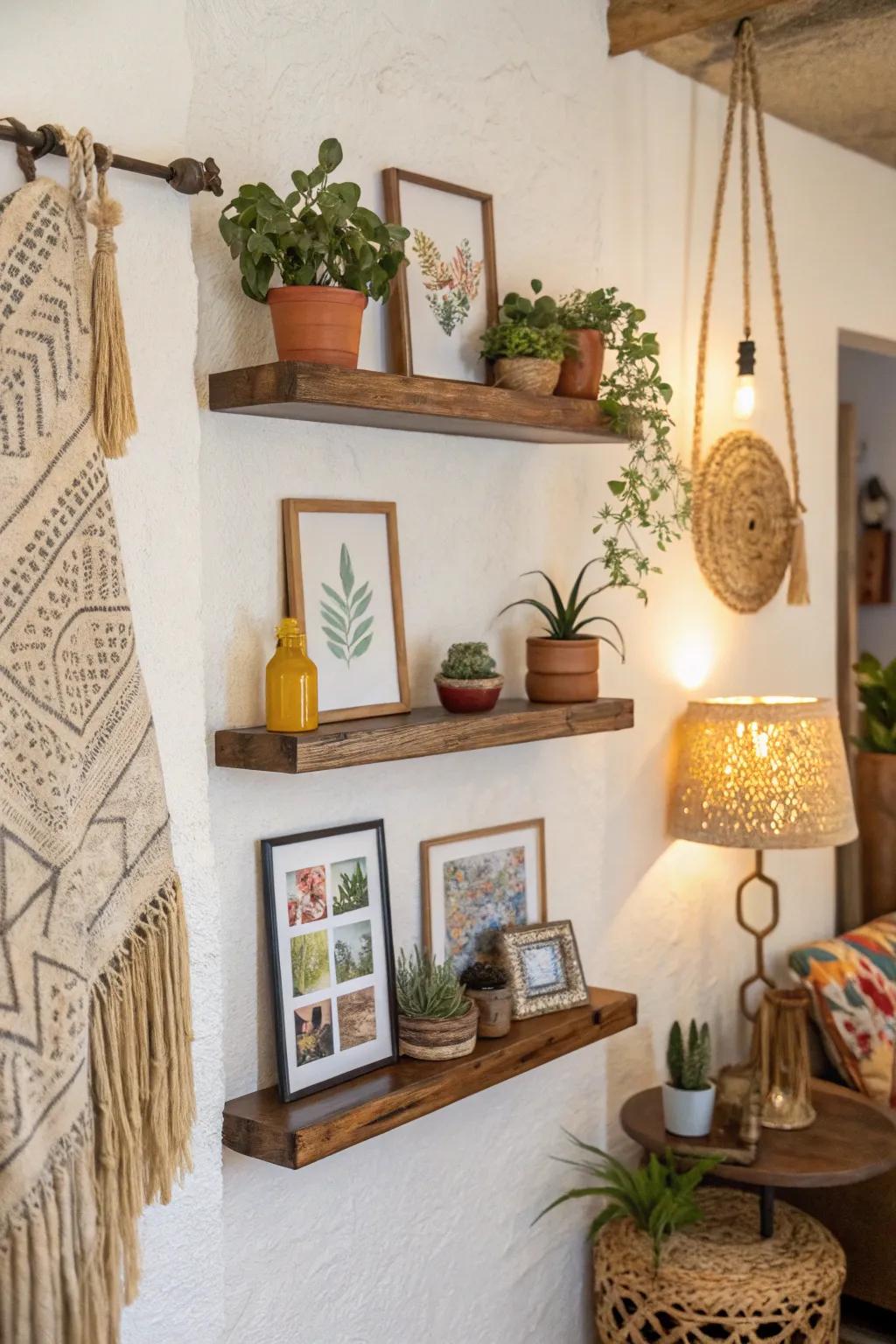 Overhanging shelves add refinement and practicality to any wall.