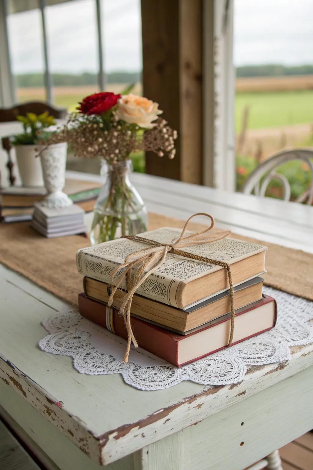 Country-style beauty showcasing books tied with fiber and lace.