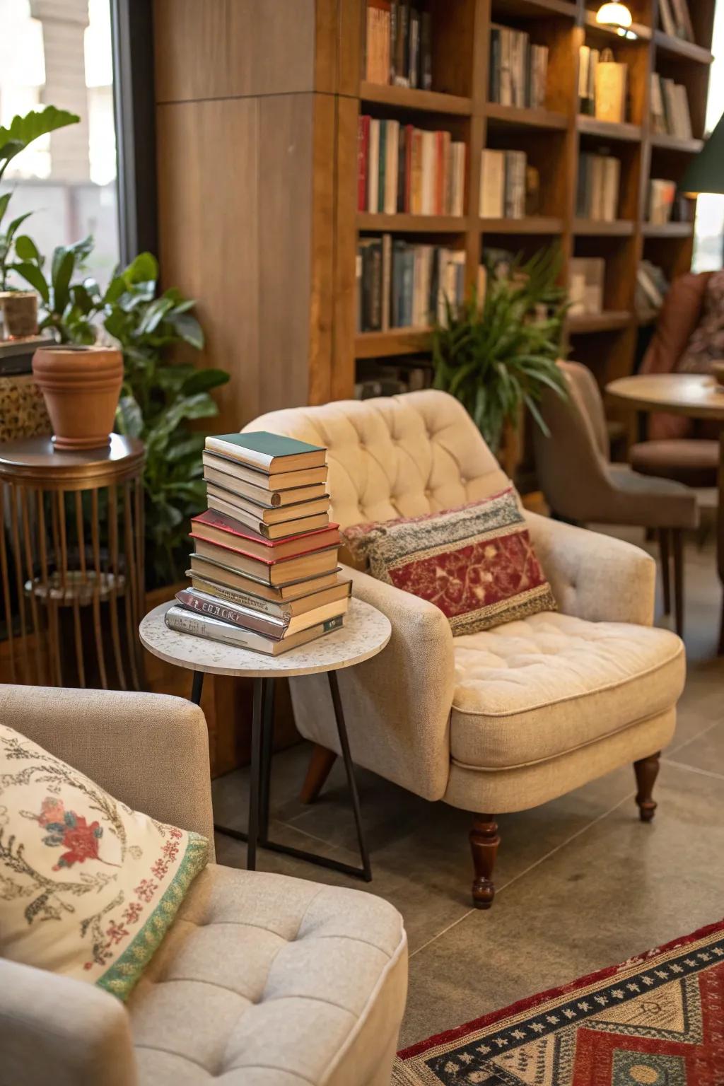 An inviting corner beckoning visitors to immerse themselves in captivating books.