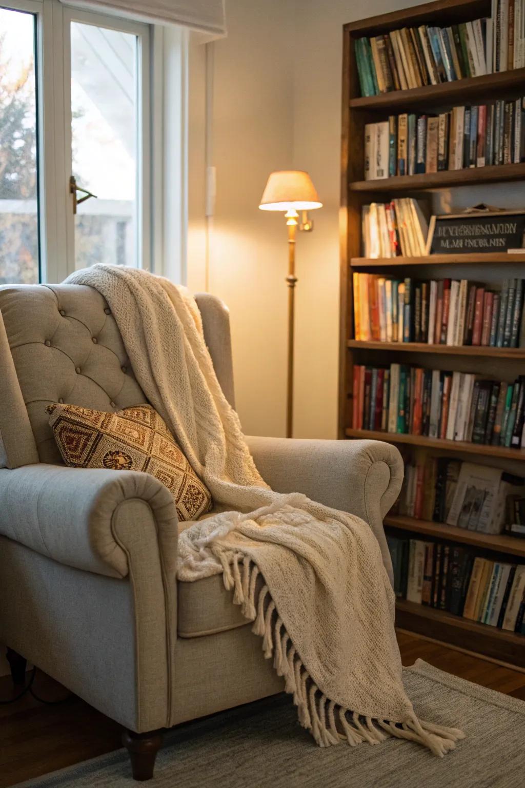 A cozy reading spot perfect for book enthusiasts.