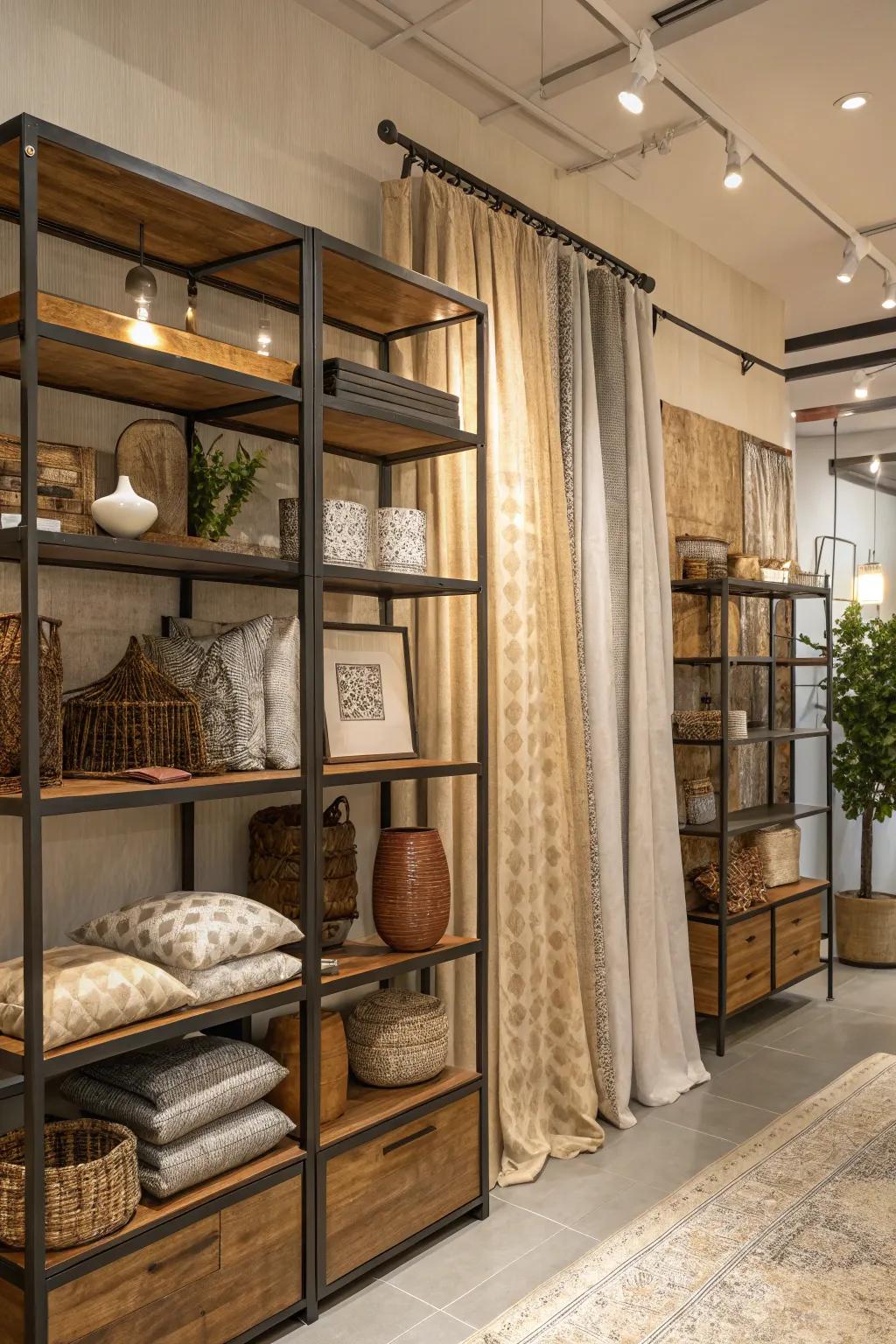 A boutique decor design incorporating timber, steel, and textiles, delivering a textured and captivating atmosphere.