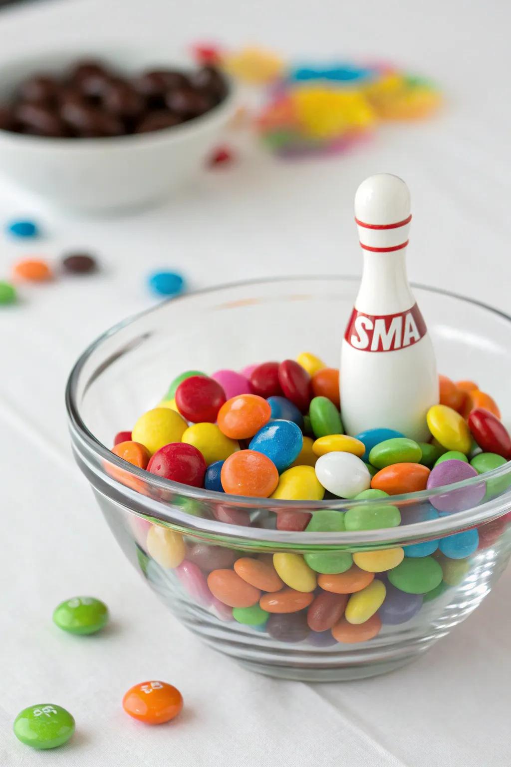 A sweet-themed centerpiece featuring candies and a bowling pin.