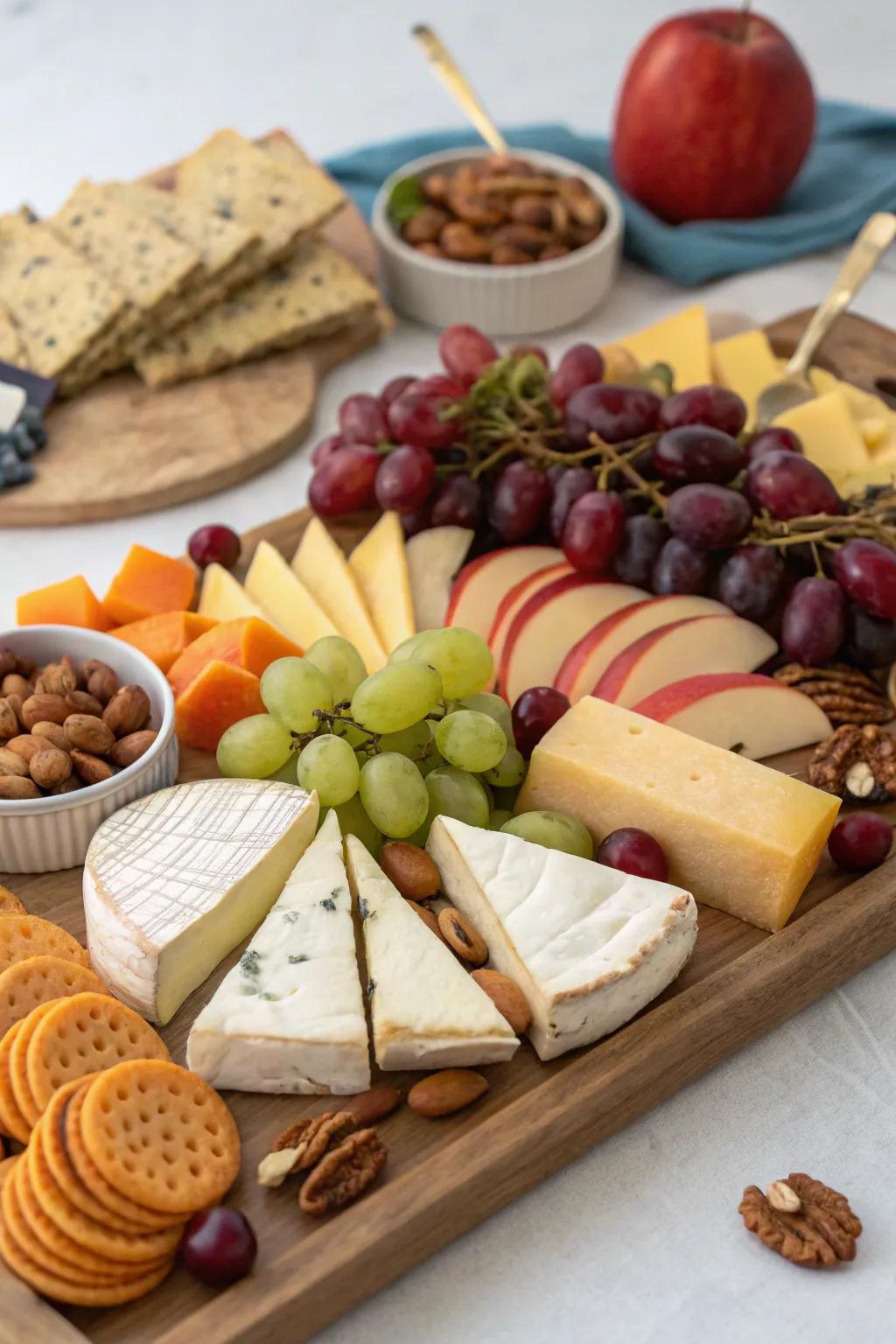 A wonderfully arranged cheese and charcuterie board.