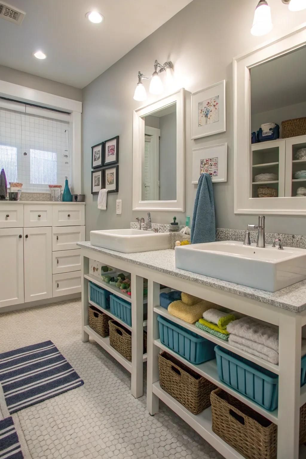 Functional dual vanities with standing platforms for a shared boys' bathroom.