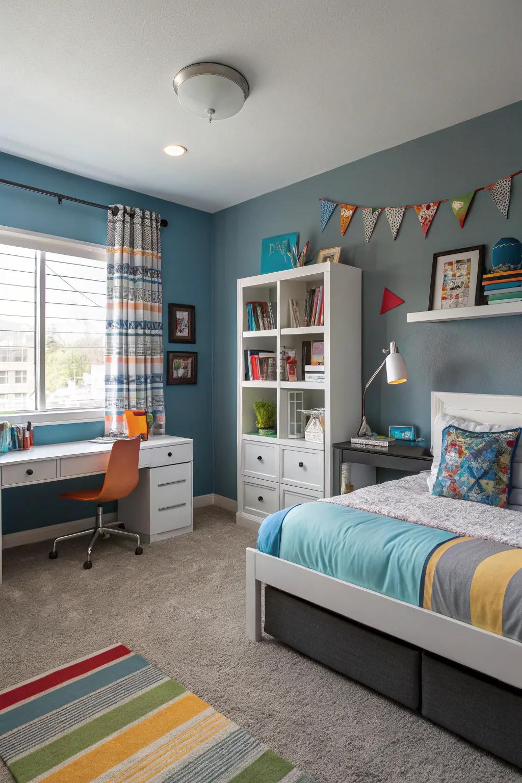 Slate-blue provides a refined yet playful setting.