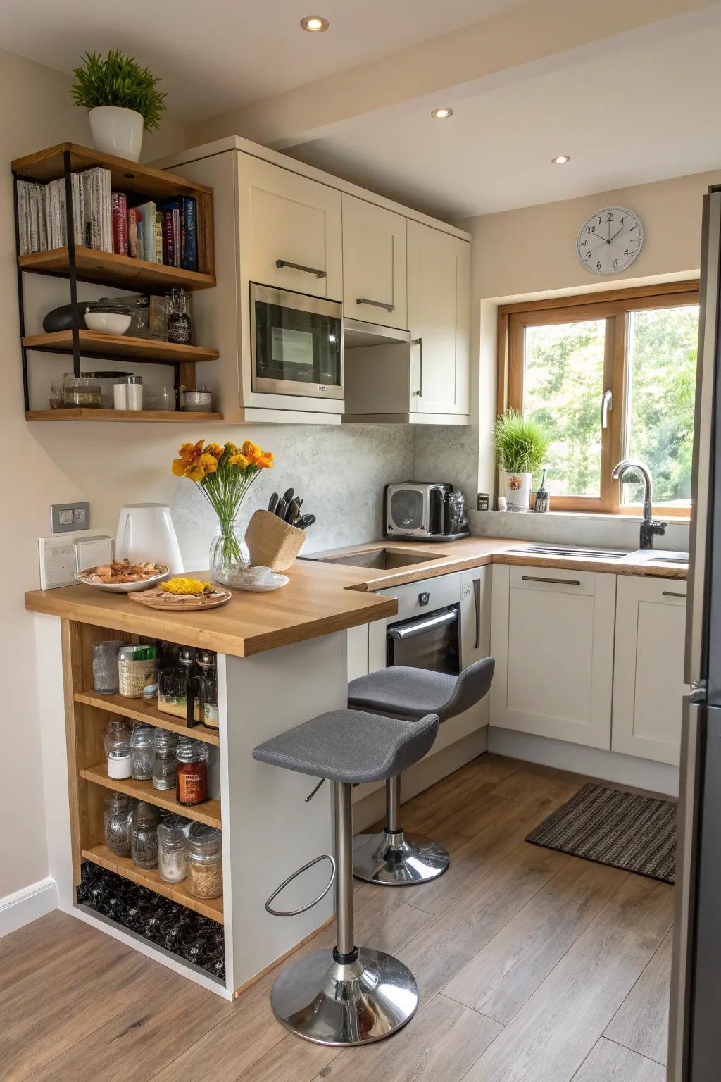 A perfectly placed breakfast bar in a small kitchen design.