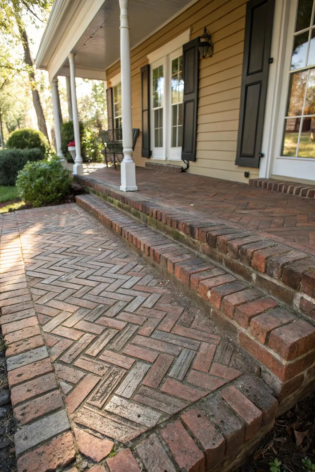 A striking herringbone brick design imparts character to the porch.