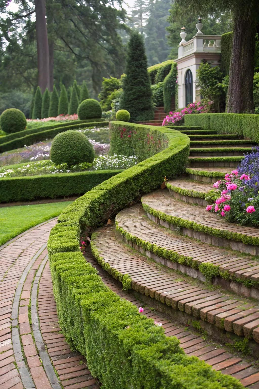 Arched brick steps imparting sophistication to an outdoor arrangement.