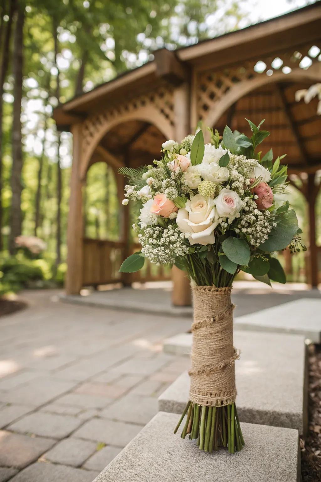 Hessian finishes contribute a comfy, country appeal to wedding bouquets.