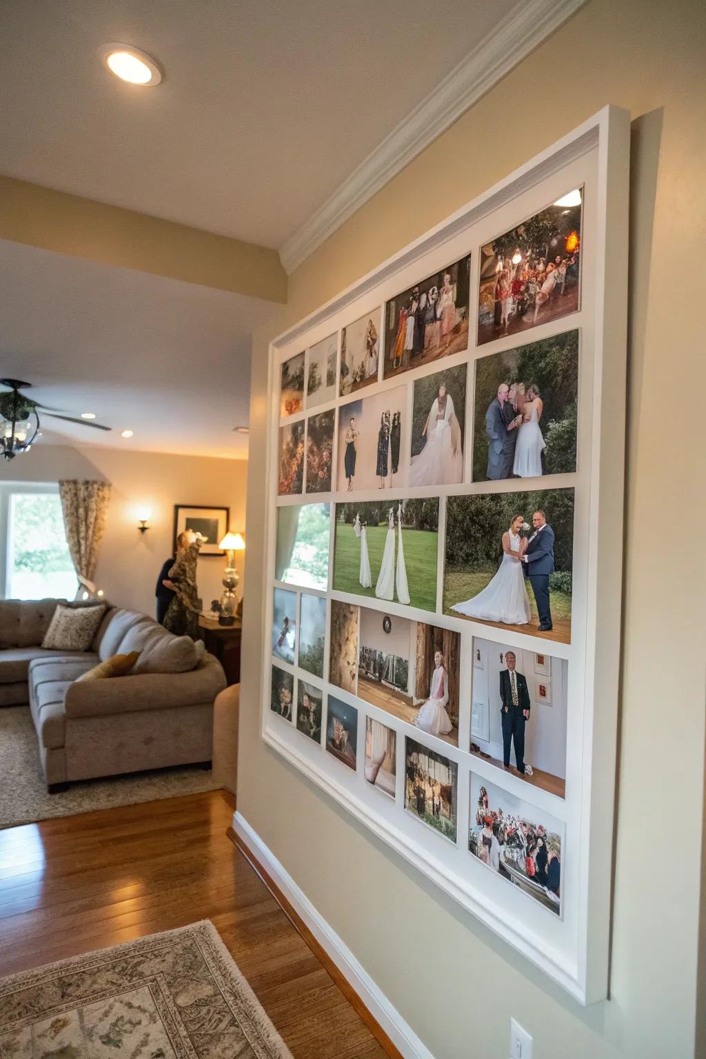A montage holder capturing numerous wedding moments in a single artistic display.