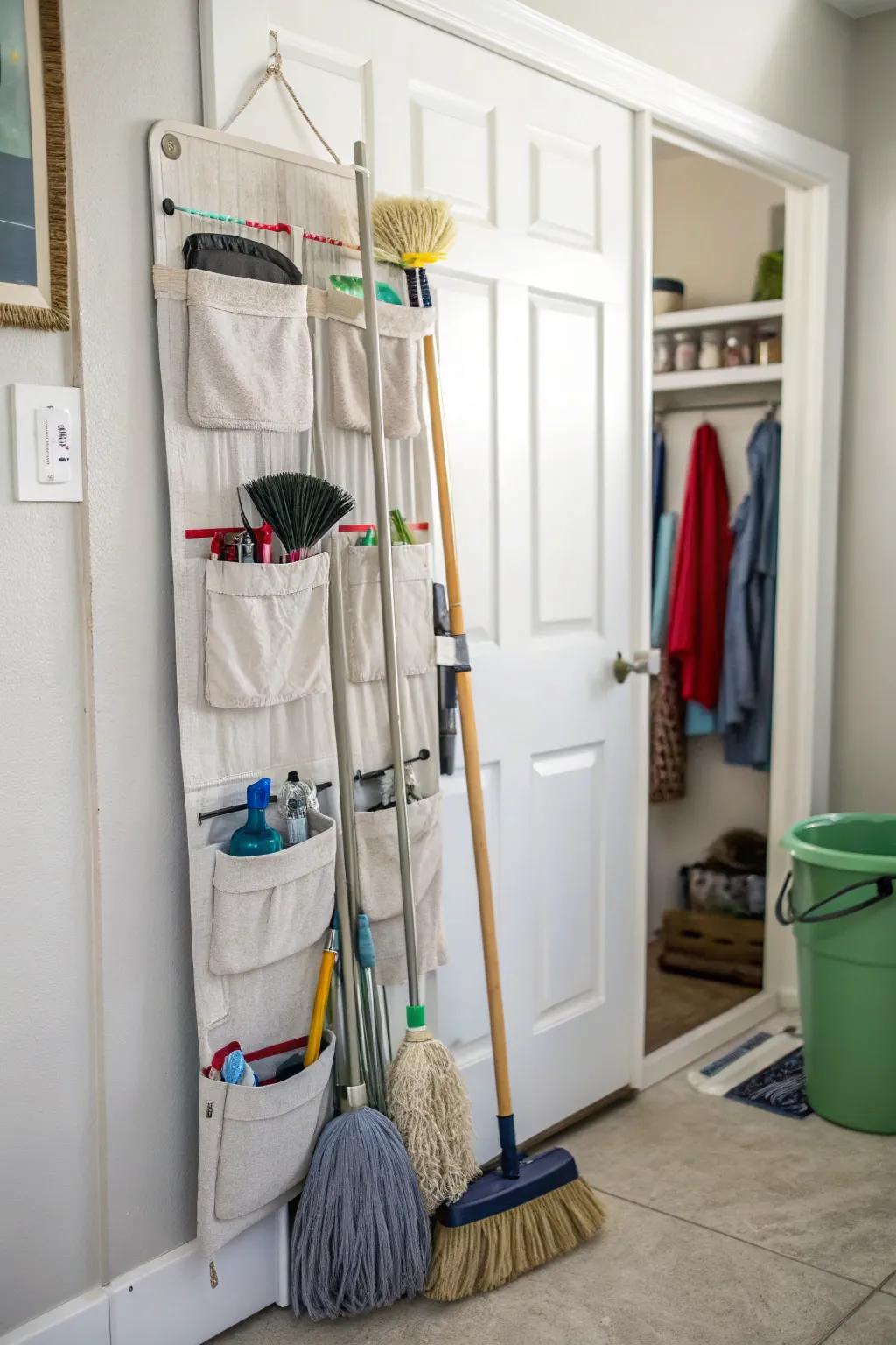 Over-the-door organizers provide concealed storage for cleaning tools.