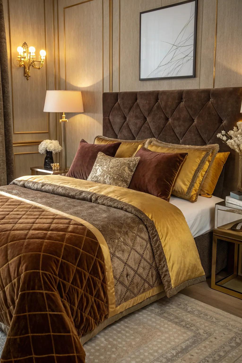 Bedding in velvet enriches the bedroom with luxury and comfort.