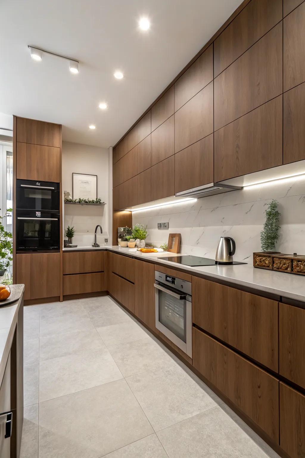 Achieve minimalist elegance with flat panel brown cabinets.