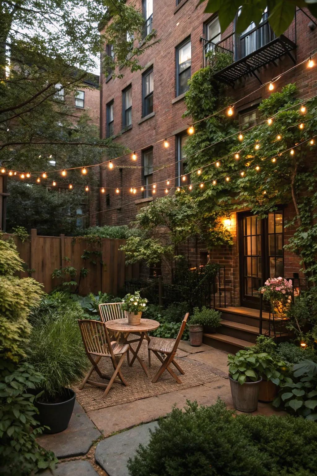 Fairy lights contribute an enchanting element to this intimate townhouse backyard.