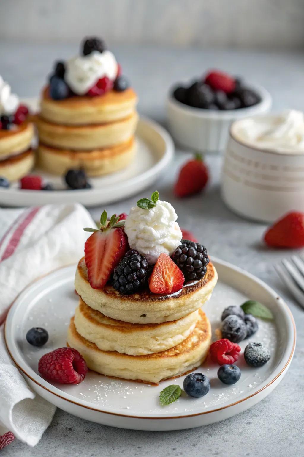 Delightful mini pancake stacks topped with berries and cream.