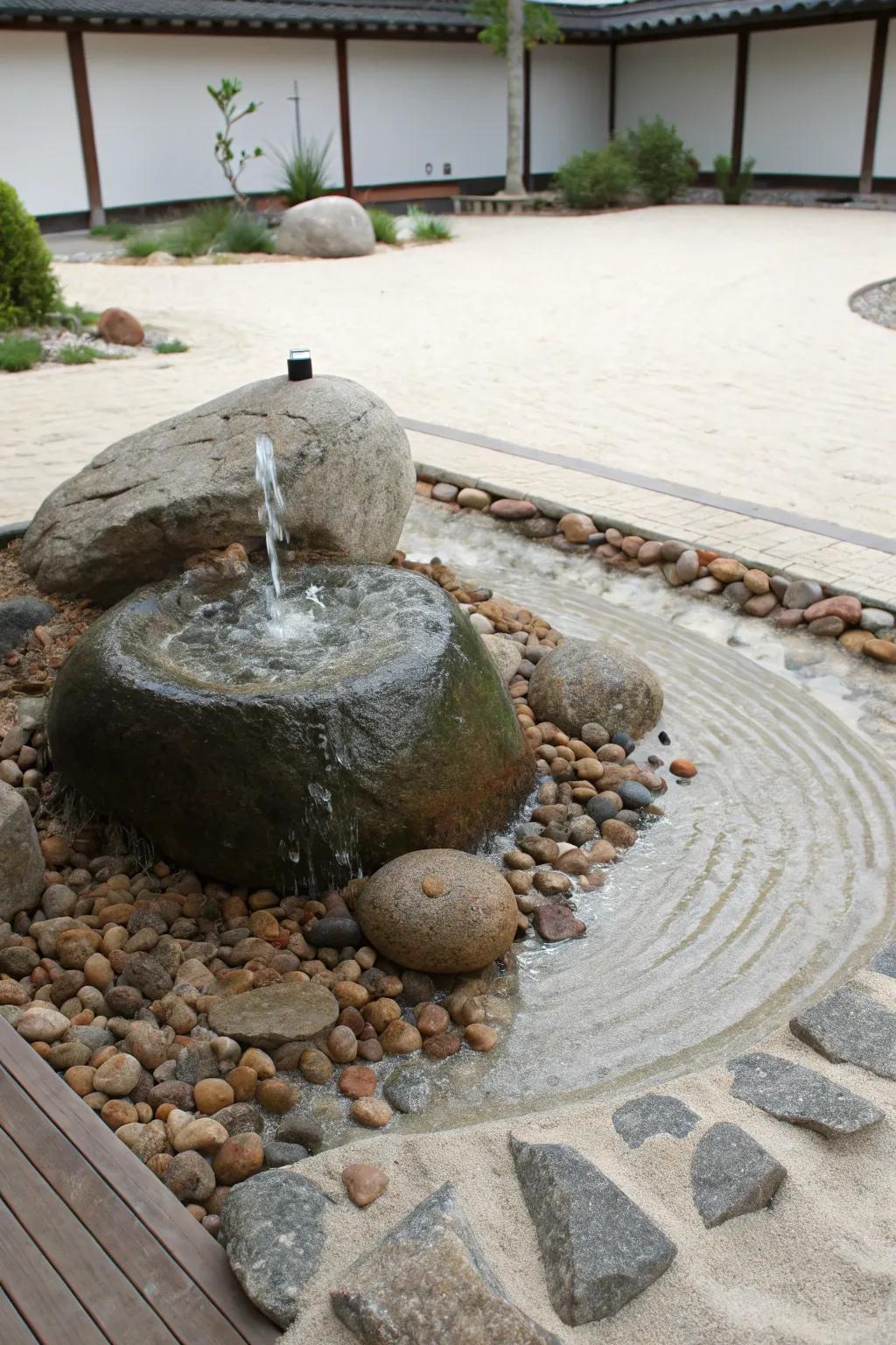 A Zen garden fountain cultivates a serene ambiance conducive to reflection.