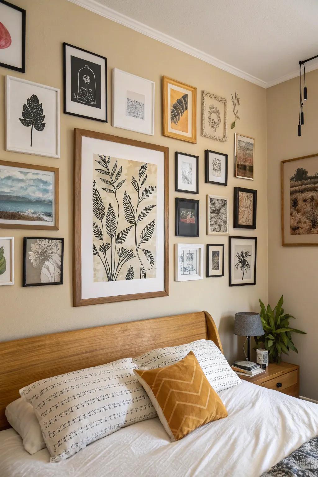 A collection of affordable art prints infuses character into the bedroom.