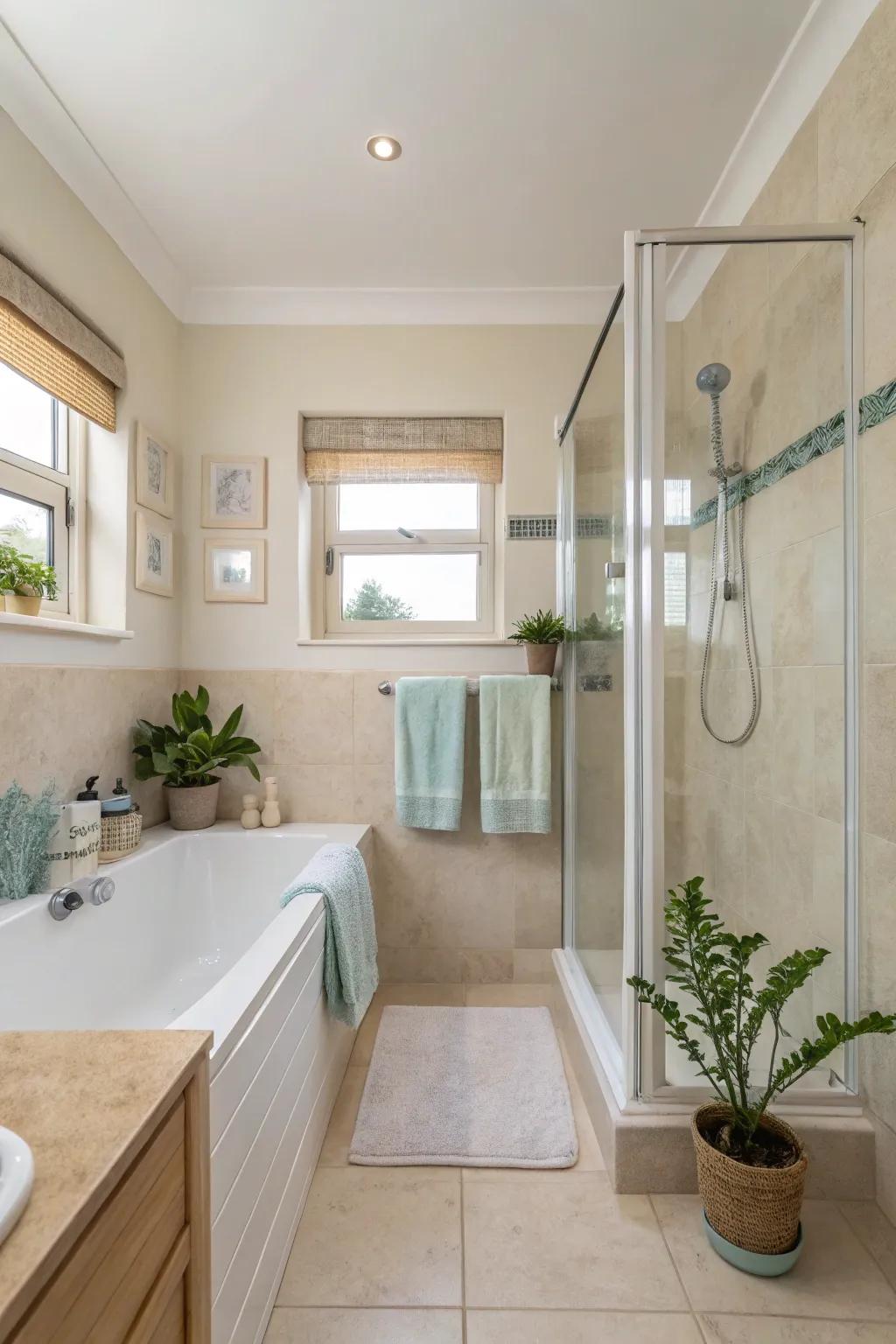 A bright and breezy small bathroom designed using soft and white tones.