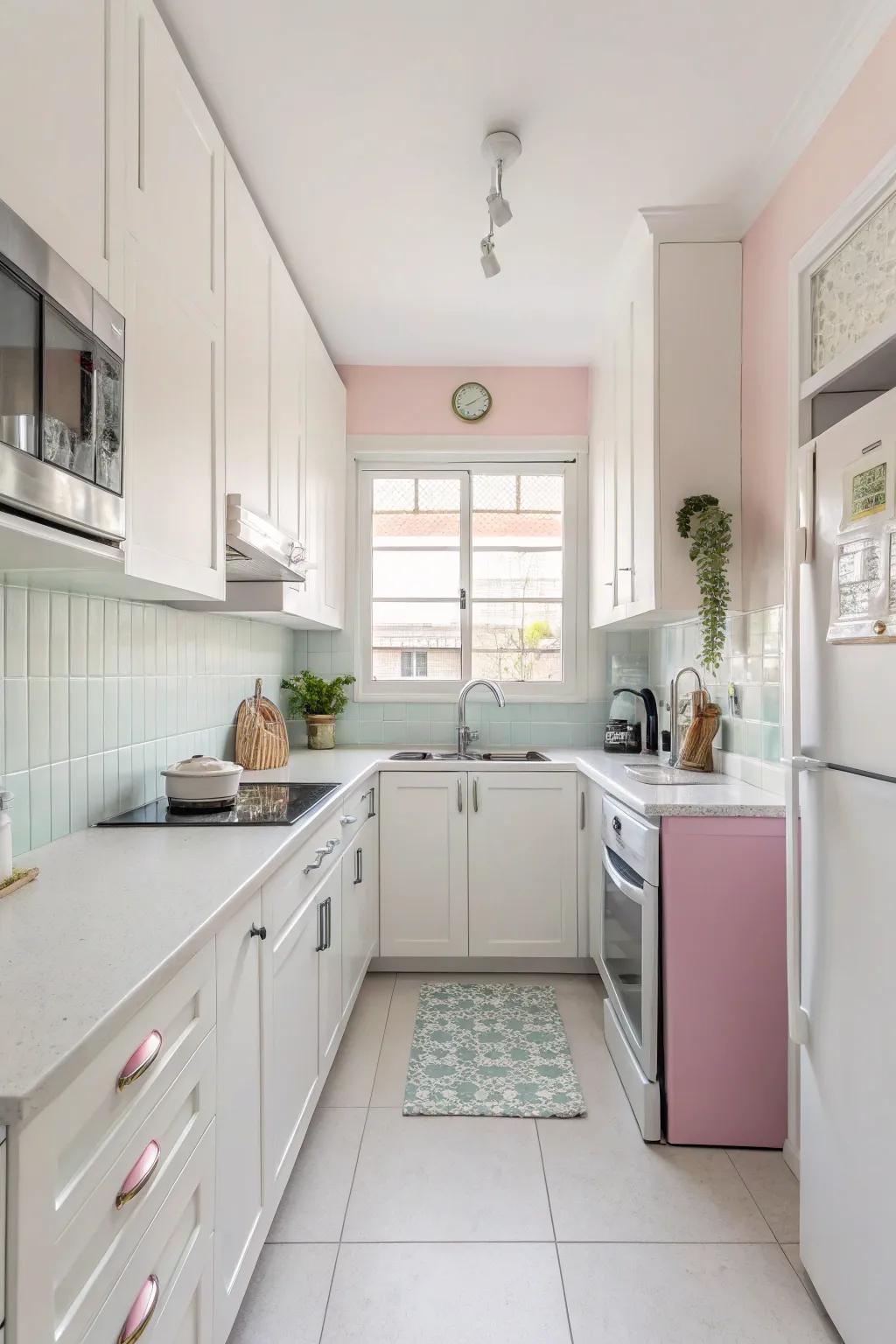 Pale hues establish a spacious atmosphere in this small kitchen.