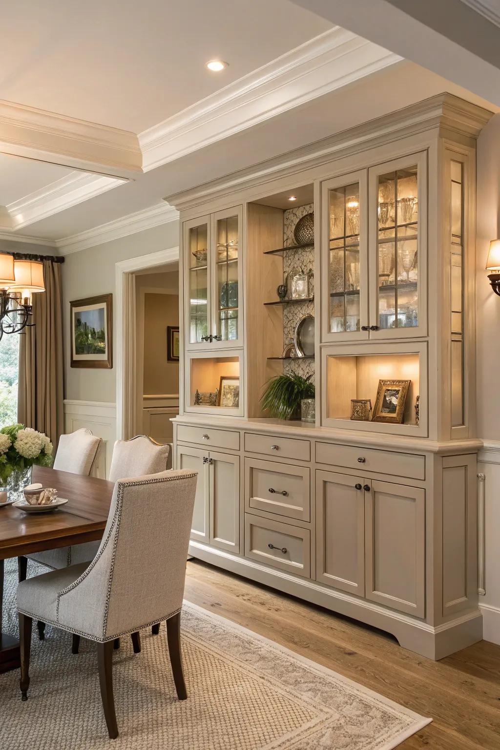 A timeless dining area that showcases neutral-colored built-in cabinetry.