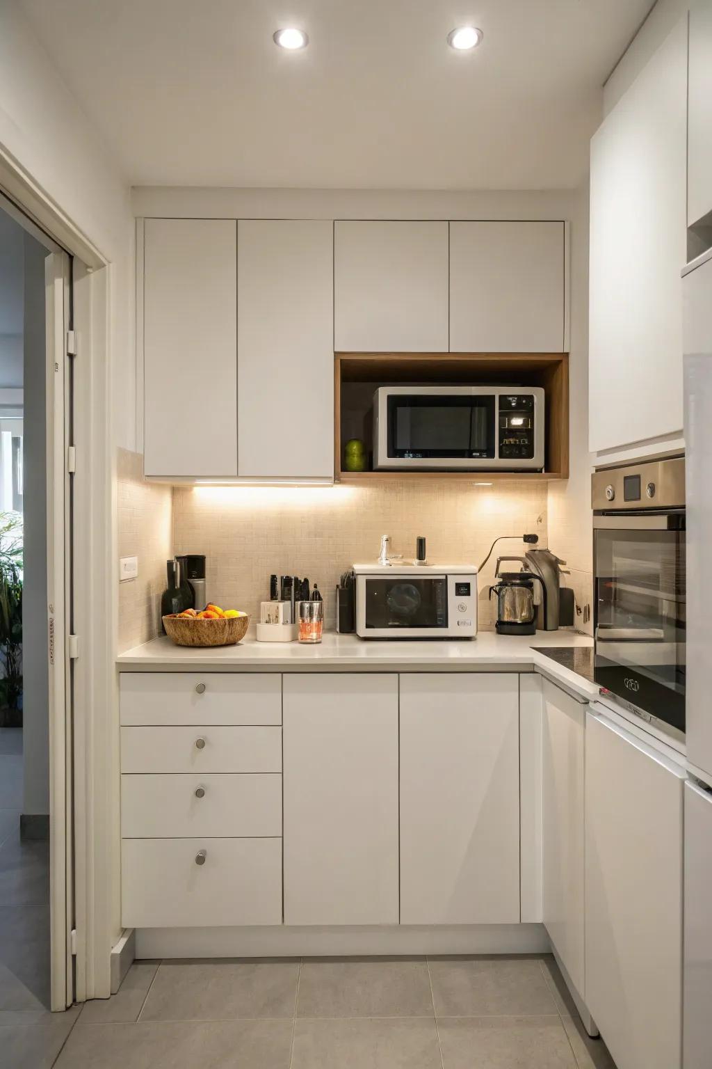 Minimalist kitchen where the wave emitter is hidden behind hinged cabinet panels.