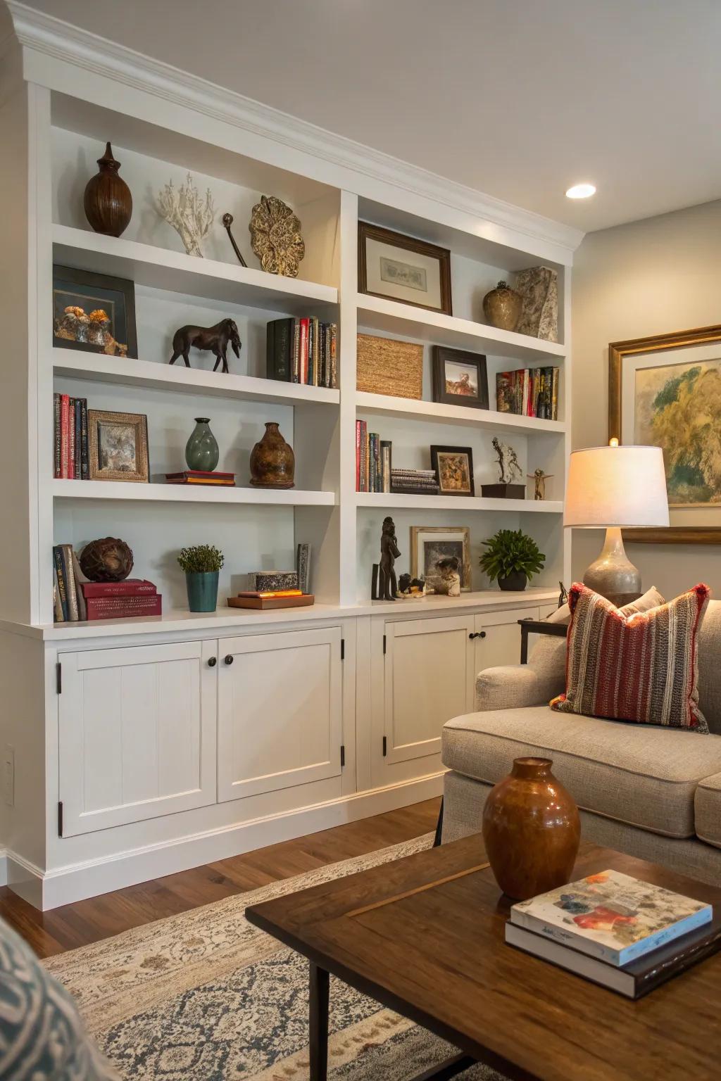 Built-in shelves showcasing art and decor introduce a personal element to the area.