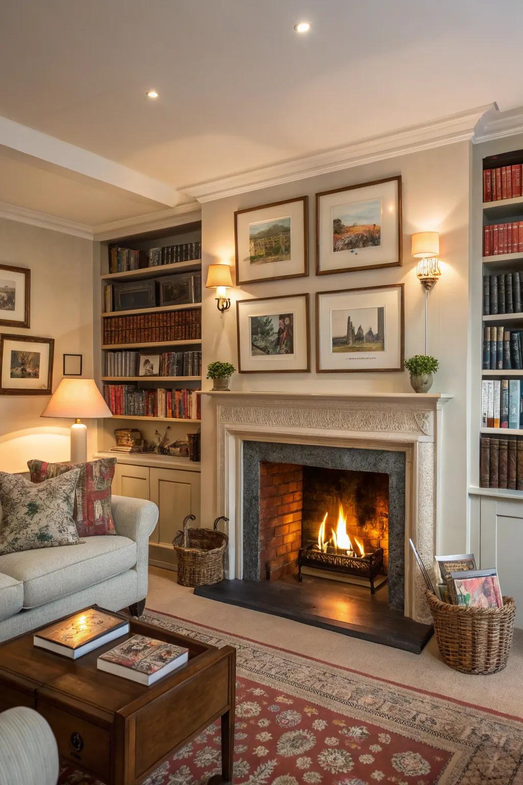 Exposed shelves surrounding the fireplace beautifully exhibit personal collections.