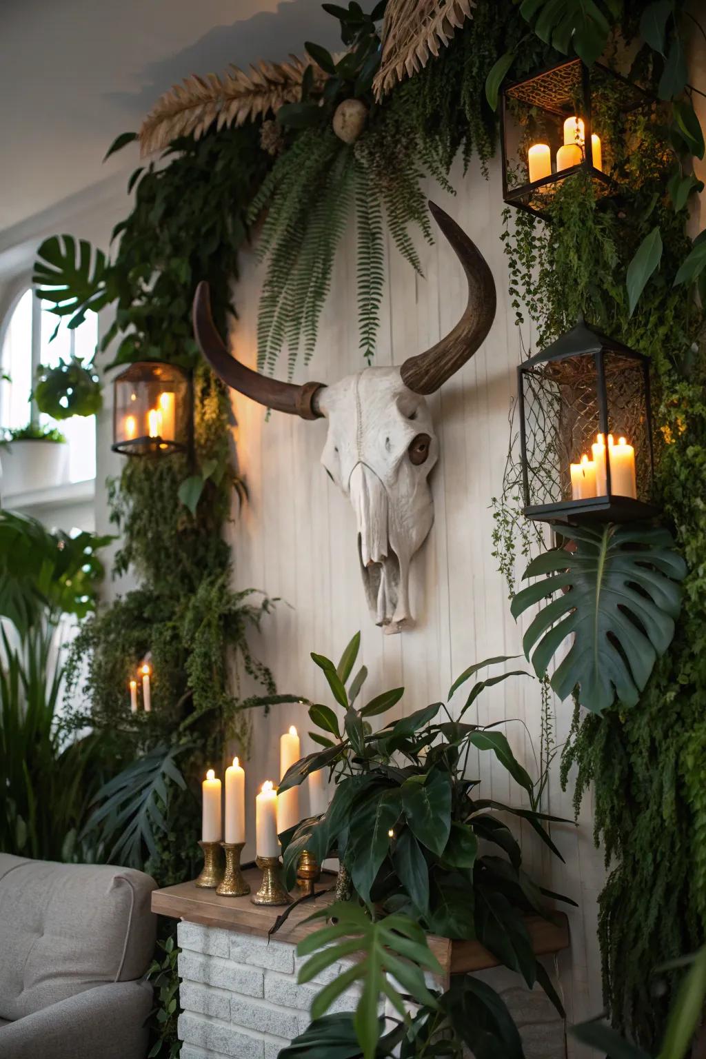 Wall art showcasing a bull skull.
