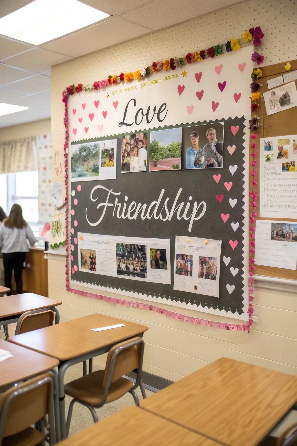 Display board presenting uplifting sayings concerning affection and friendship.