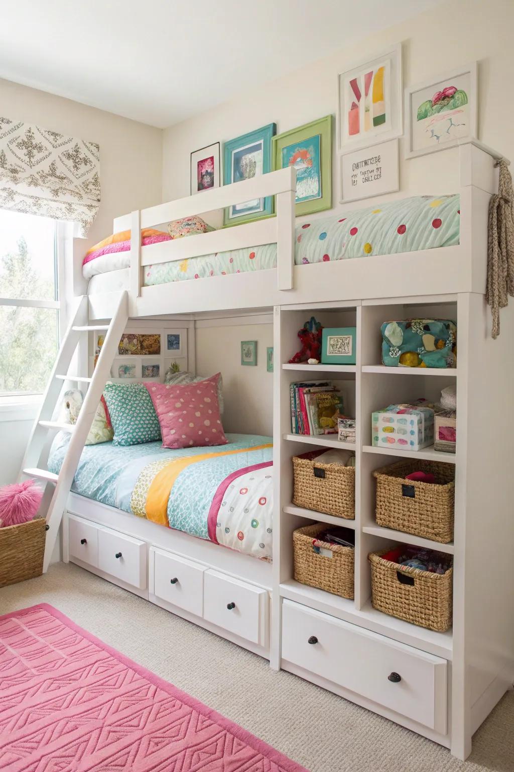 This bunk bed comes with built-in storage solutions, helping to keep the room organized and tidy.