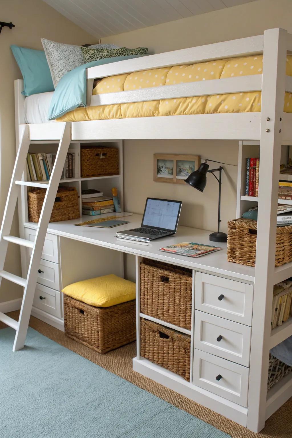 Bunk beds that are ideally versatile, with workspace and storage.