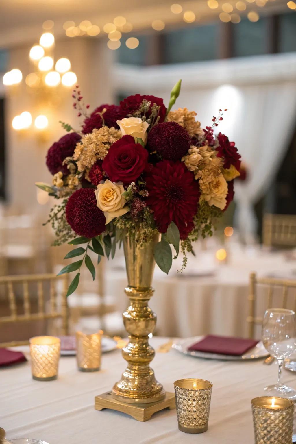 Floral decor in claret and gold introduces natural charm to your event.