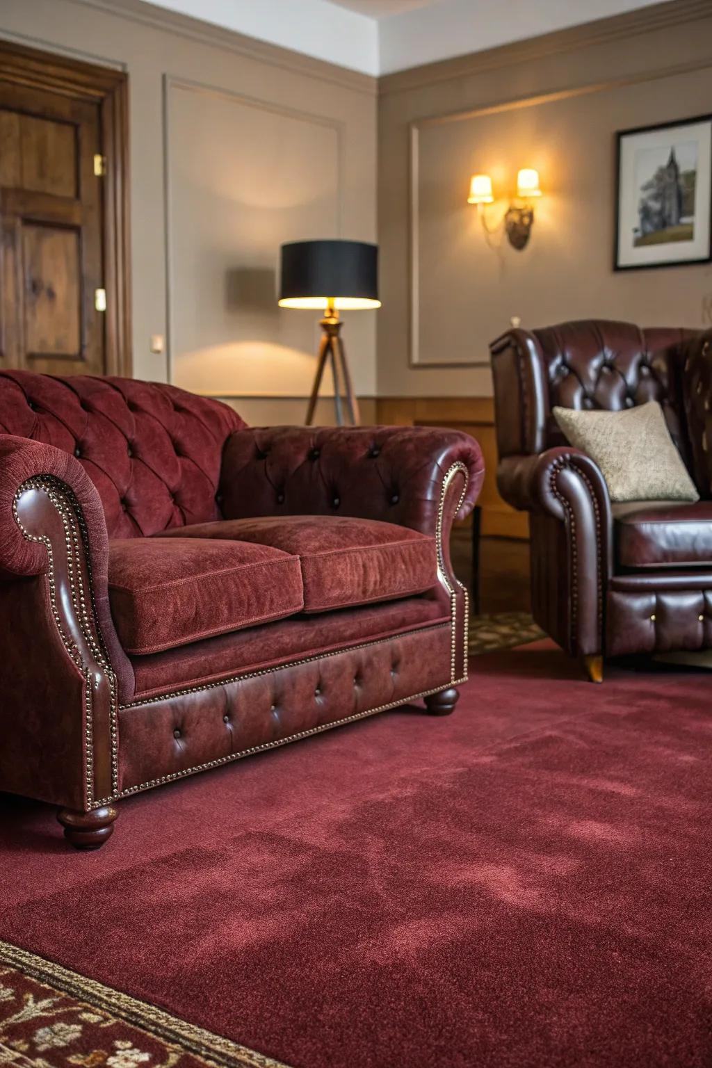 A combination of textures featuring plush and hide complements the rich deep red floor covering.