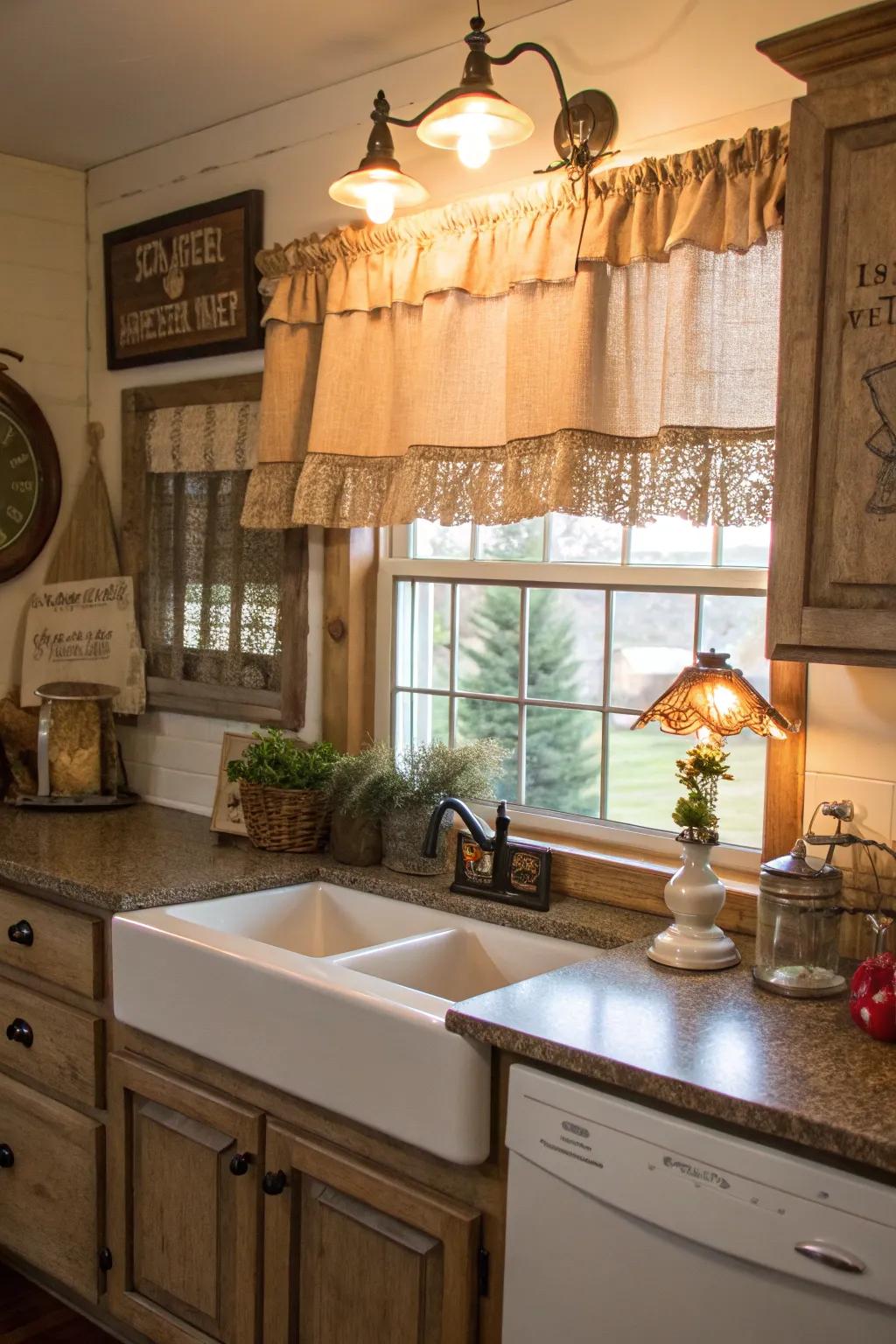 Countryside coziness through a material topper in the cooking area.