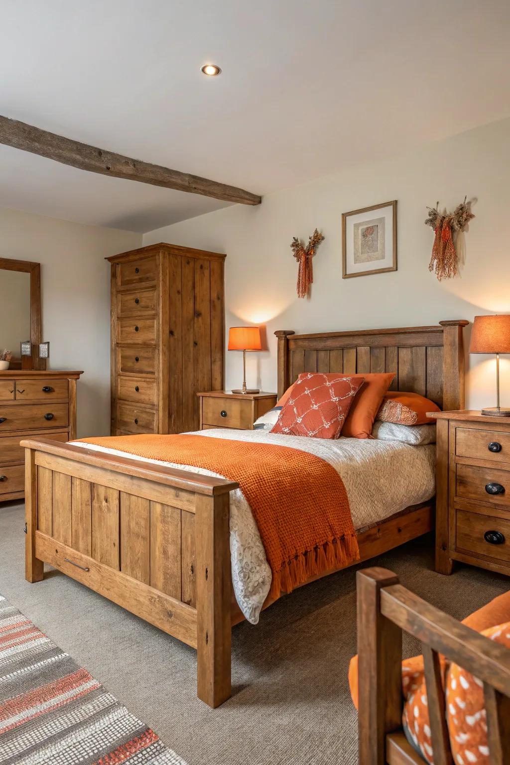 Natural wood furnishings harmonized with reddish-brown accents.