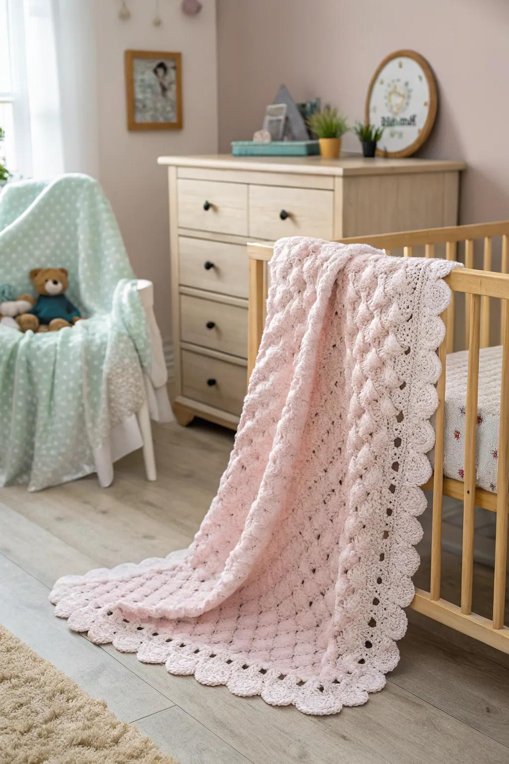The addition of a scalloped edge brings a whimsical touch to this nursery blanket.