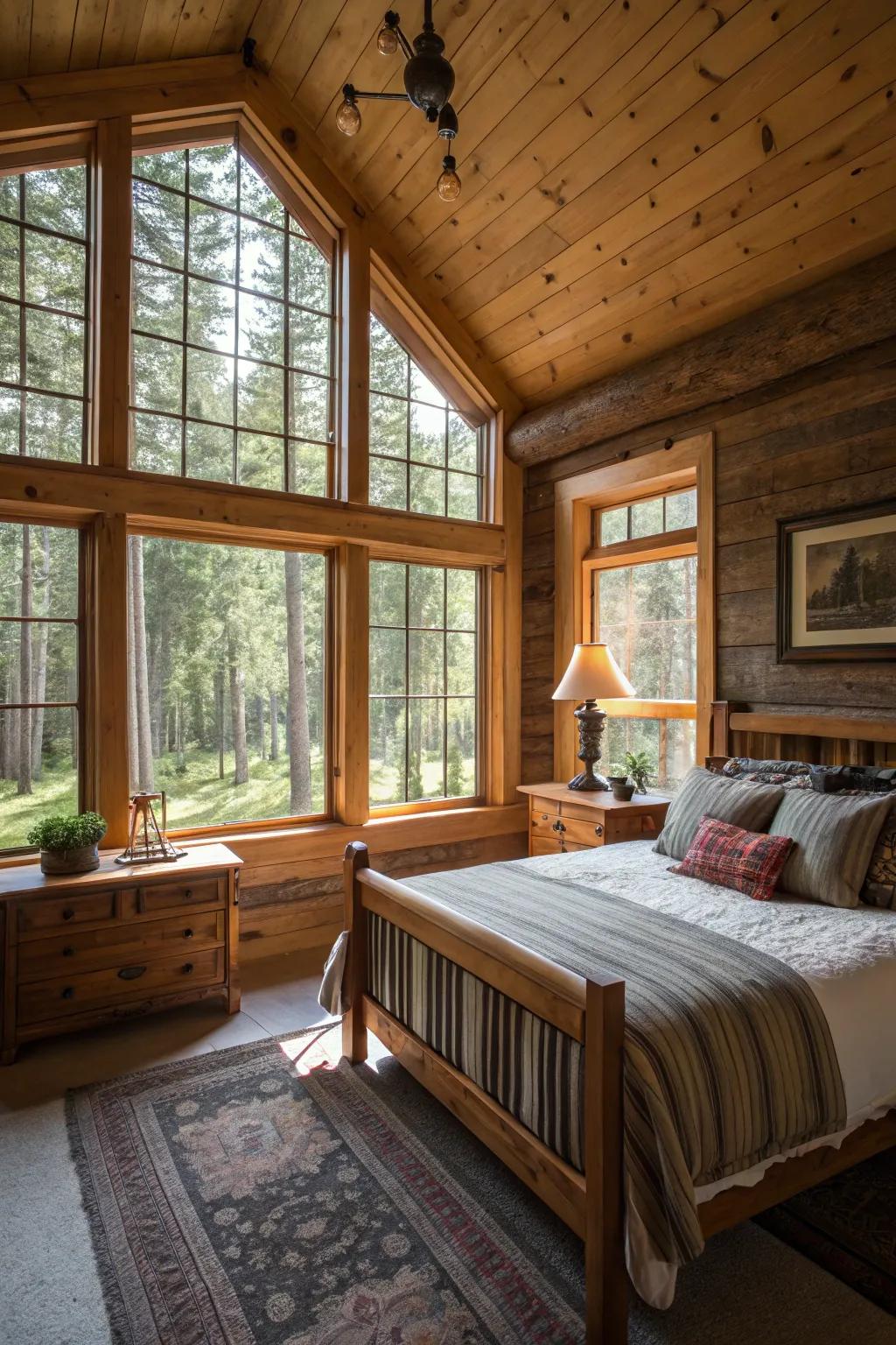 A cabin bedroom featuring expansive windows that allow for an abundance of natural light.