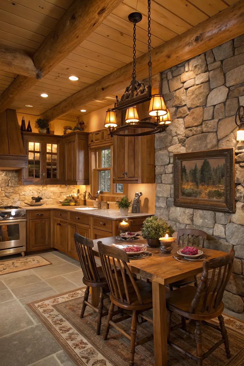 Gentle, warm lighting enhances the inviting sensation of a cabin cooking space.