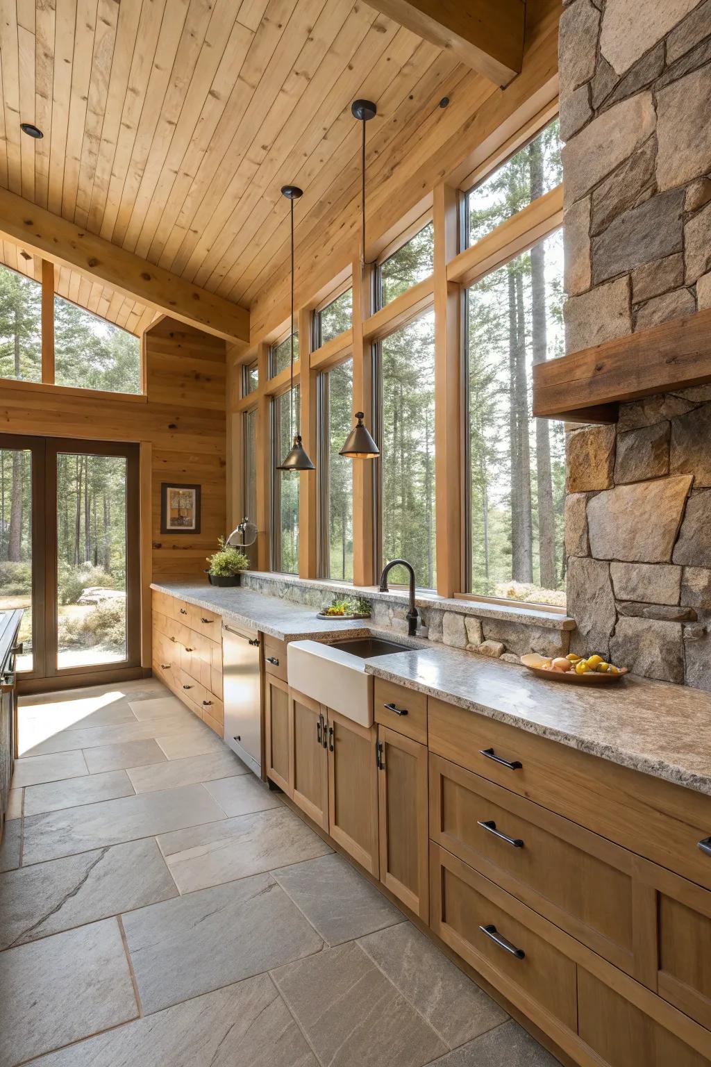 A modern kitchen featuring rustic aspects for an ideal cabin atmosphere.