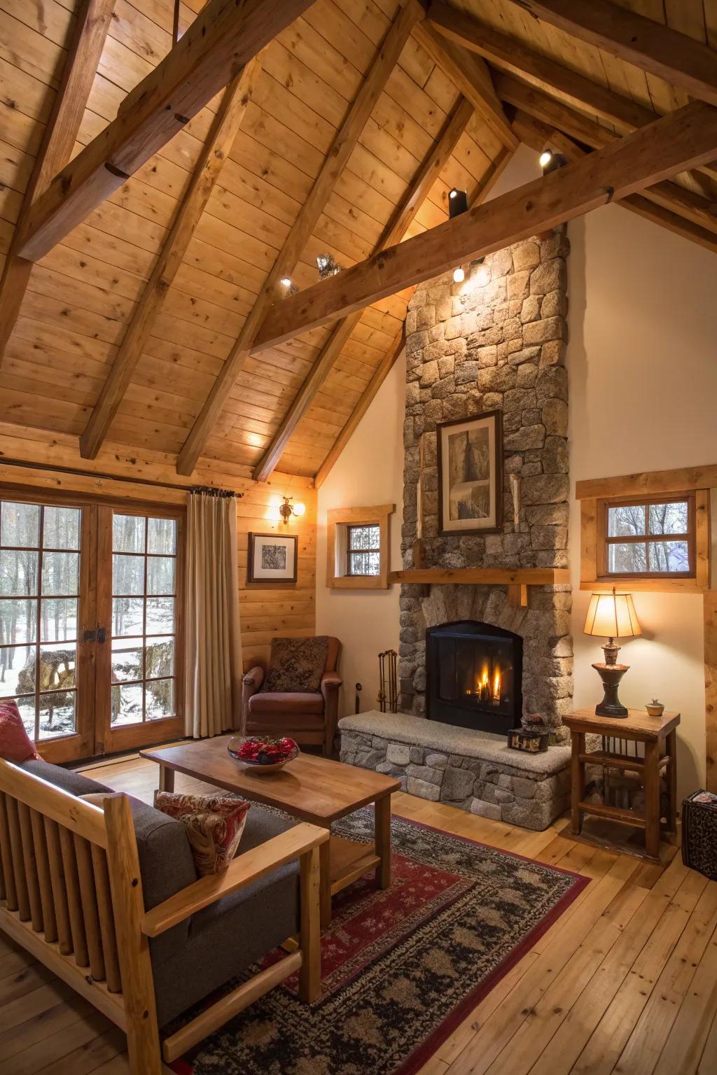 Structural beams imbue a rustic appeal to this spacious cabin area.
