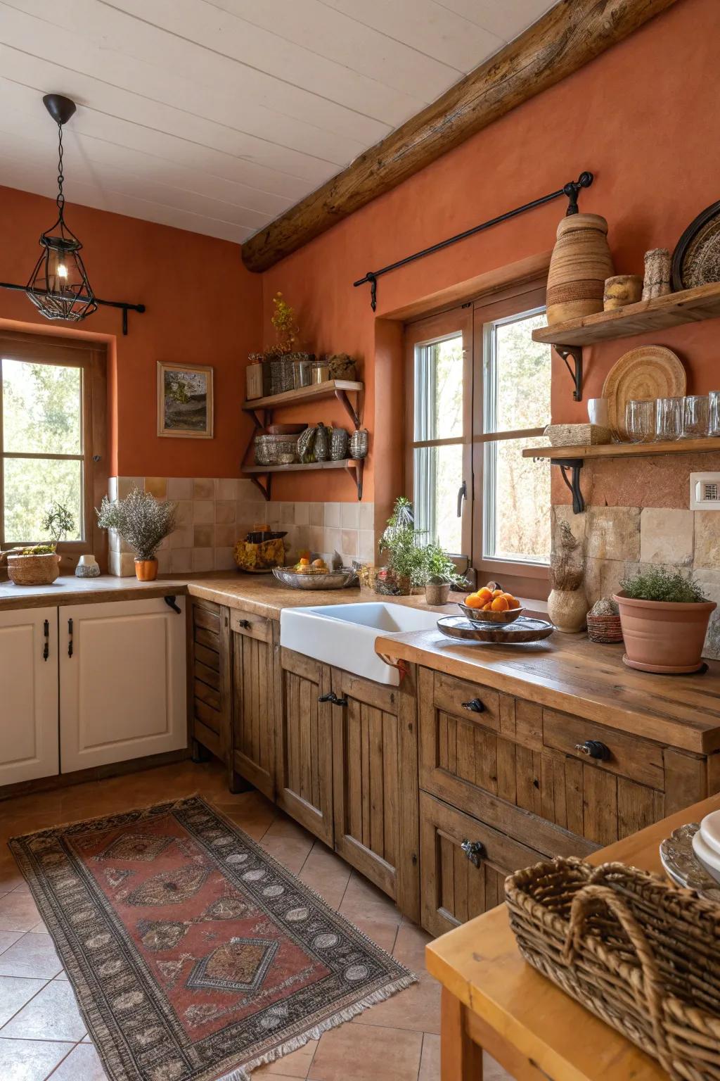 A kitchen featuring warm terracotta walls, augmenting the cozy atmosphere.