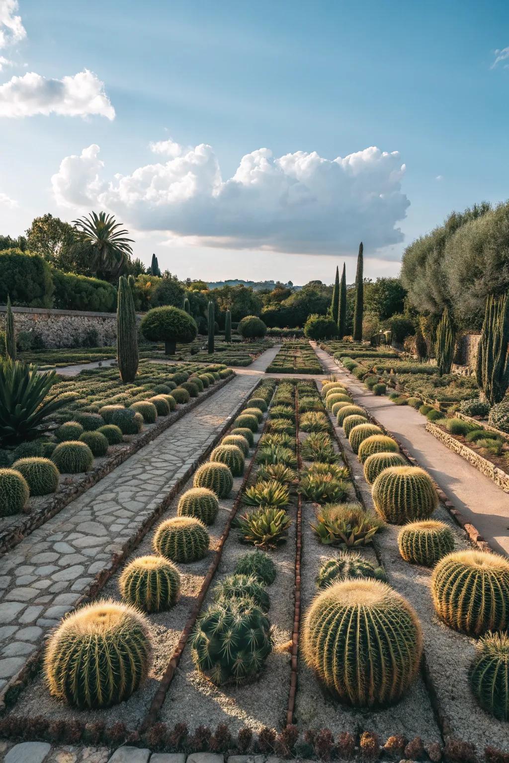 Cacti arranged in geometric layouts for a striking visual impact.