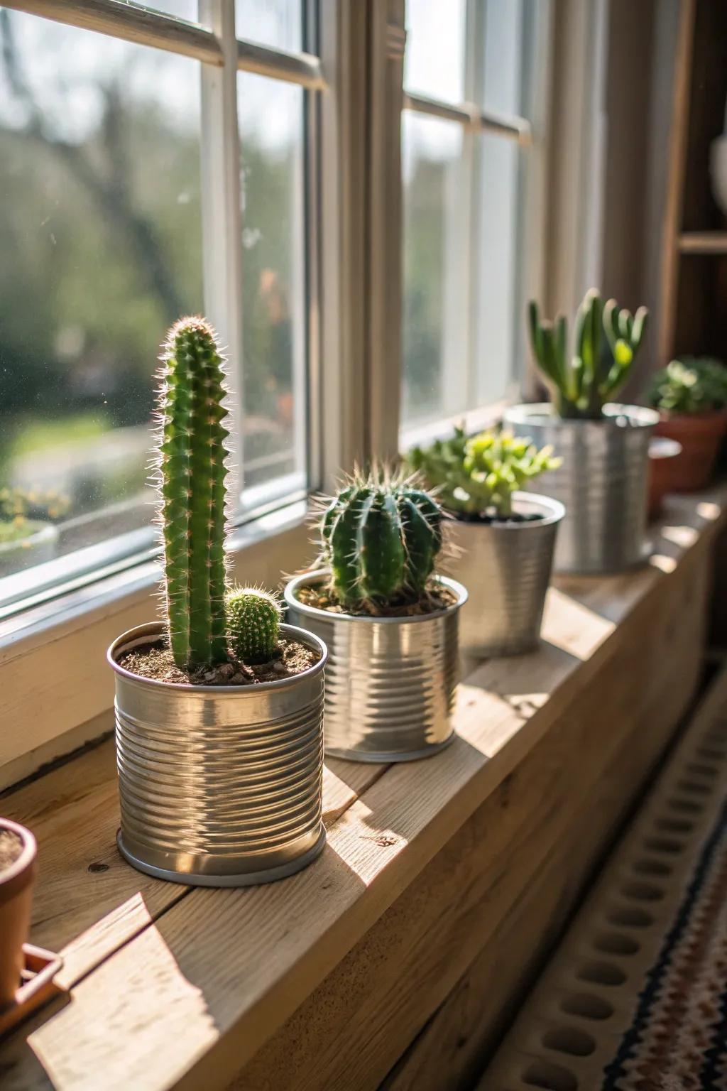 Antique metal receptacles introduce vintage charm to your cactus exhibit.