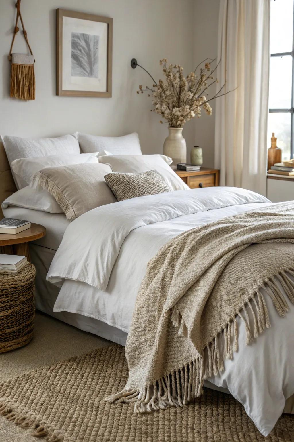 Bedroom featuring layered textiles with a linen duvet, cotton sheets, and a wool throw.