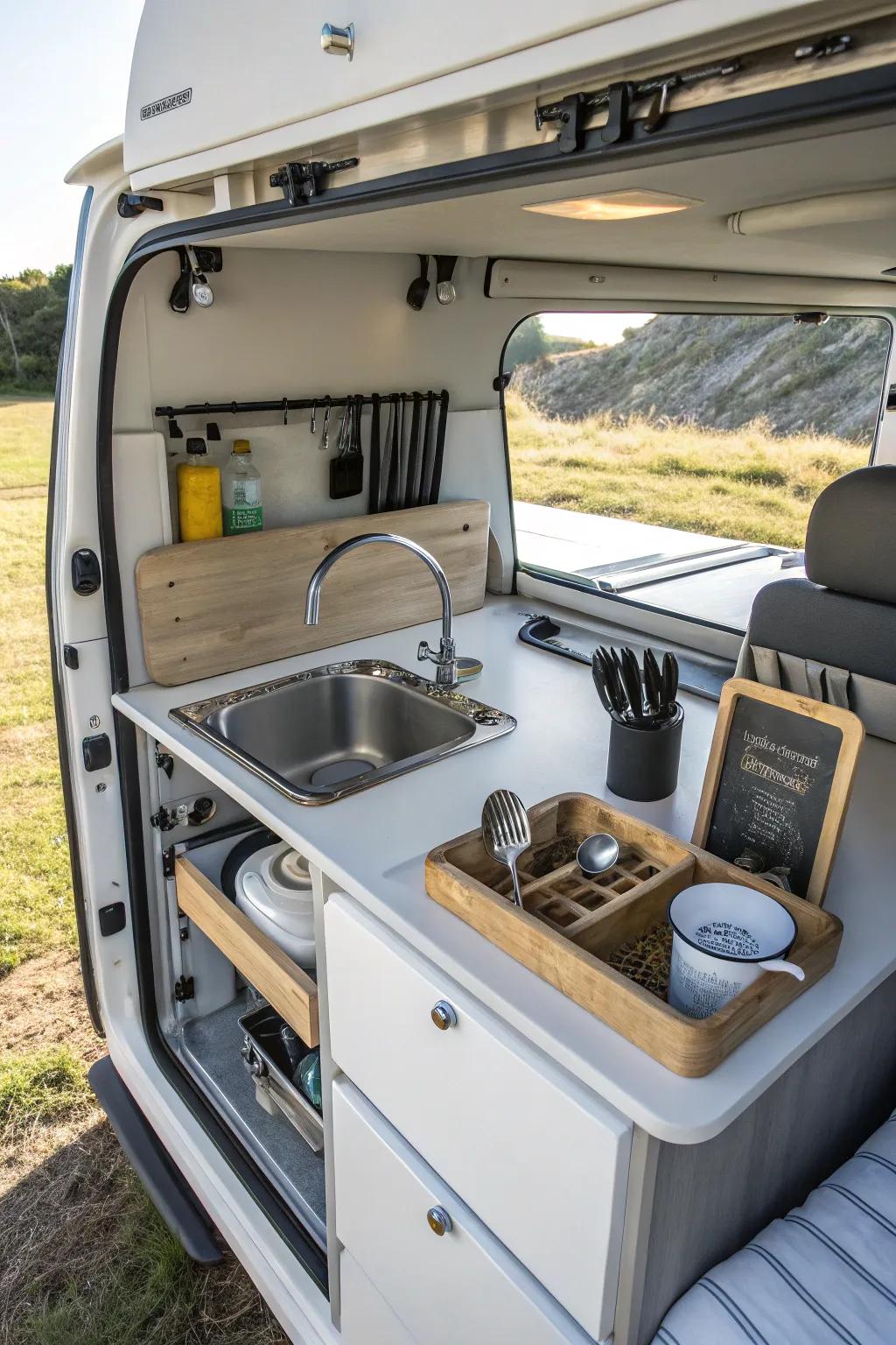 A structured and efficient small kitchen station inside a camper shell.